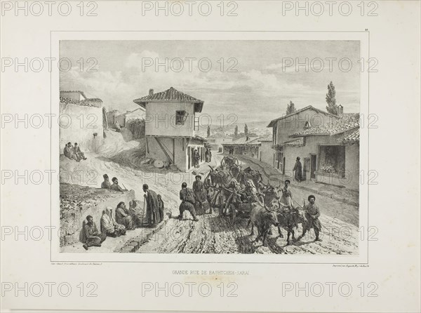 The Main Street of Baghtcheh-Saraï, Crimea, August 19, 1837, 1841, Denis Auguste Marie Raffet (French, 1804-1860), printed by Auguste Bry (French, 19th century), published by Chez Gihaut Frères (French, 19th century), France, Lithograph in black on ivory chine laid down on ivory wove paper, 232.5 × 327 mm (image), 235 × 330 mm (primary support), 339 × 456 mm (secondary support)