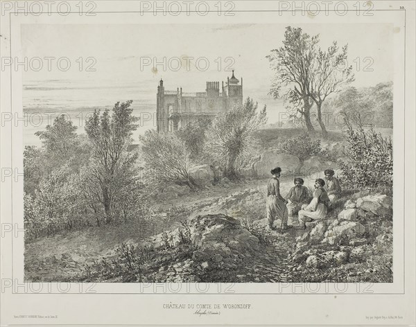 The Château of Count Woronzoff, Aloupka, Crimea, August 12, 1837, 1840, Denis Auguste Marie Raffet (French, 1804-1860), printed by Auguste Bry (French, 19th century), published by Éditeur Ernest Bourdin (French, active 19th century), France, Lithograph in black on ivory chine laid down on ivory wove paper, 223 × 320 mm (image), 223 × 320 mm (primary support), 280 × 358 mm (secondary support)