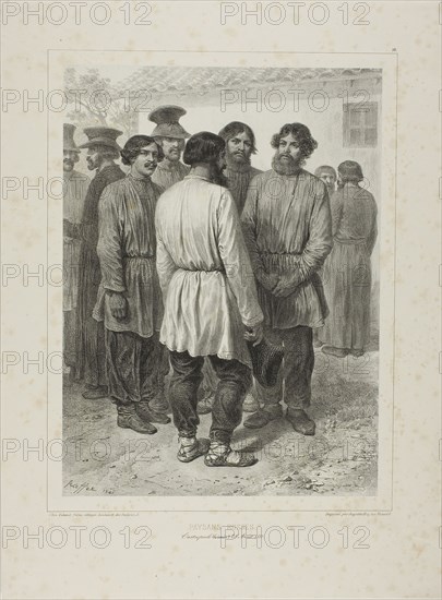 Russian Peasants, 1841, Denis Auguste Marie Raffet (French, 1804-1860), printed by Auguste Bry (French, 19th century), published by Chez Gihaut Frères (French, 19th century), France, Lithograph in black on gray chine laid down on ivory wove paper, 282 × 208 mm (image), 282 × 210 mm (primary support), 395 × 290 mm (secondary support)
