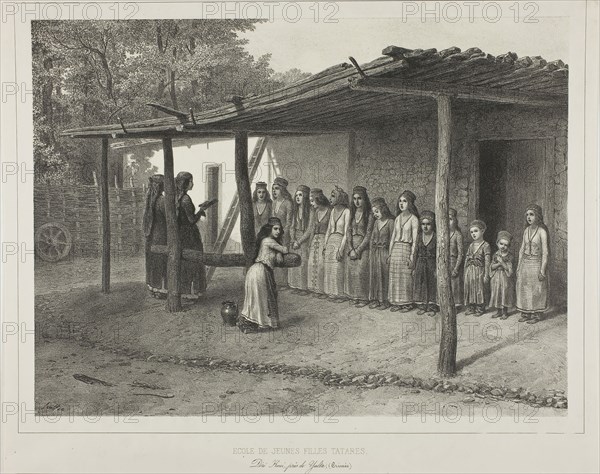 School for Young Tartar Girls, 1841, Denis Auguste Marie Raffet (French, 1804-1860), printed by Auguste Bry (French, 19th century), France, Lithograph in black on ivory chine laid down on ivory wove paper, 237 × 319 mm (image), 238 × 321 mm (primary support), 286 × 356 mm (seconary support)