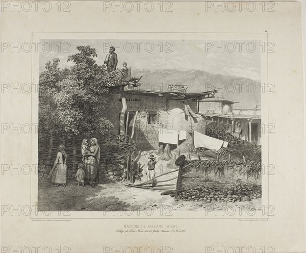 Tartar Peasants’ Homes in the Village of Déré-Koui, near Yalta, Crimea, August 31, 1837, 1841, Denis Auguste Marie Raffet (French, 1804-1860), printed by Auguste Bry (French, 19th century), published by Chez Gihaut Frères (French, 19th century), France, Lithograph in black on gray chine laid down on buff wove paper, 244 × 316 mm (image), 244 × 318 mm (primary support), 357 × 427 mm (secondary support)