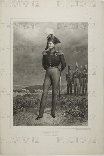 His Majesty Nicolas I, Emperor of all Russia, Camp Vosnessensk, October 6, 1837, 1842–45, Denis Auguste Marie Raffet (French, 1804-1860), printed by Auguste Bry (French, 19th century), published by Chez Gihaut Frères (French, 19th century), France, Lithograph in black on ivory wove paper, 359 × 258 mm (image), 534 × 358 mm (sheet)