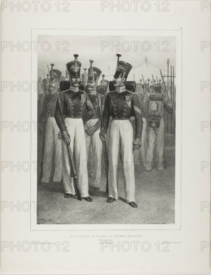 Non-Commissioned Officer and Soldiers of the Volhynie Regiment (Imperial Guard), Camp Vosnessensk, 1842–44, Denis Auguste Marie Raffet (French, 1804-1860), printed by Auguste Bry (French, 19th century), published by Éditeur Ernest Bourdin (French, active 19th century), France, Lithograph in black on ivory chine laid down on ivory wove paper, 318 × 234 mm (image), 319 × 236 mm (primary support), 454 × 355 mm (secondary support)