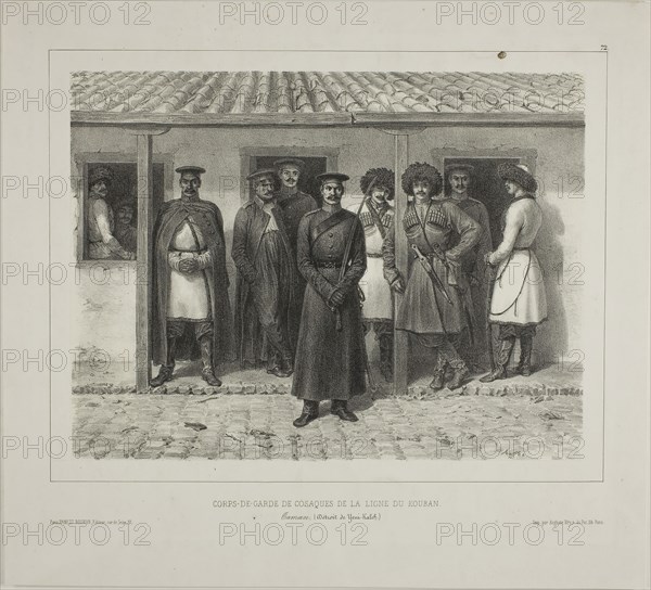 Cossack Bodyguards of the Line, Kuban, Taman, Détroit de Yéni-Kaleb, October 9, 1837, 1846, Denis Auguste Marie Raffet (French, 1804-1860), printed by Auguste Bry (French, 19th century), published by Éditeur Ernest Bourdin (French, active 19th century), France, Lithograph in black on ivory wove chine laid down on ivory wove paper, 191 × 252 mm (image), 191 × 252 mm (primary support), 288.5 × 317.5 mm (secondary support)