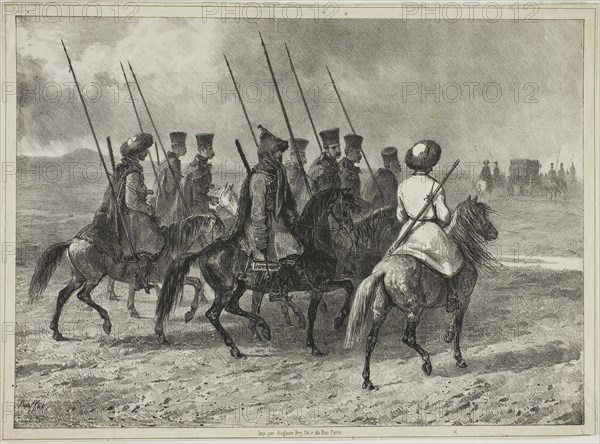 Cossack Escort to the Border of Kuban, Taman (Central Russia), October 11, 1837, 1838, Denis Auguste Marie Raffet (French, 1804-1860), printed by Auguste Bry (French, 19th century), France, Lithograph in black on ivory chine laid down on cream wove paper, 193 × 268 mm (image), 193 × 268 mm (primary support), 206 × 282 mm (secondary support)