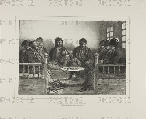 Armenians and Tartars in a Cafe, 1838, Denis Auguste Marie Raffet (French, 1804-1860), printed by Auguste Bry (French, 19th century), published by Chez Gihaut Frères (French, 19th century), France, Lithograph in black on gray chine laid down on ivory wove paper, 193 × 277 mm (image), 193 × 278 mm (primary support), 313 × 376 mm (secondary support)