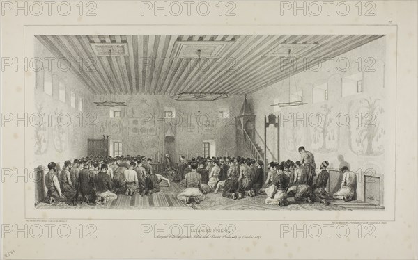 Praying Tartars, Istrimdjami-Kara-sou-Bazar, Crimea, October 19, 1837, 1844, Denis Auguste Marie Raffet (French, 1804-1860), printed by Auguste Bry (French, 19th century), published by Chez Gihaut Frères (French, 19th century), France, Lithograph in black on gray chine laid down on ivory wove paper, 186 × 373 mm (image), 188 × 377 mm (primary support), 275 × 442 mm (secondary support)