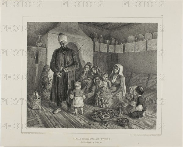 Tartar Family in Their Home, Kapskhor, Crimea, October 21, 1837, 1846, Denis Auguste Marie Raffet (French, 1804-1860), printed by Auguste Bry (French, 19th century), published by Chez Gihaut Frères (French, 19th century), France, Lithograph in black on ivory chine laid down on ivory wove paper, 216 × 265 mm (image), 218 × 266 mm (primary support), 299 × 368 mm (secondary support)