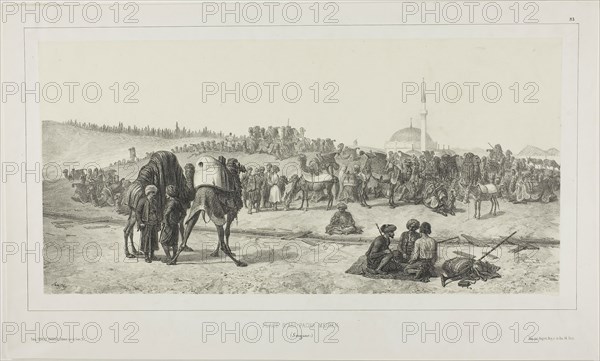 Ali-Pacha Meiden, Smyrna, 1837, Denis Auguste Marie Raffet (French, 1804-1860), printed by Auguste Bry (French, 19th century), published by Éditeur Ernest Bourdin (French, active 19th century), France, Lithograph in black on cream chine laid down on ivory wove paper, 155 × 372 mm (image), 184 × 375 mm (primary support), 257 × 426 mm (secondary support)