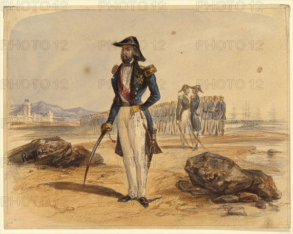 General with Troops in Background, n.d., Denis Auguste Marie Raffet, French, 1804-1860, France, Watercolor, heightened with lead white, over graphite, selectively varnished with gum arabic, on cream wove paper, 132 × 169 mm