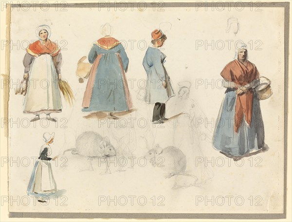 Sheet of Sketches: Men, Women and Mice, n.d., Denis Auguste Marie Raffet, French, 1804-1860, France, Watercolor and graphite, on white wove paper, tipped onto gray laid paper, 208 × 277 mm