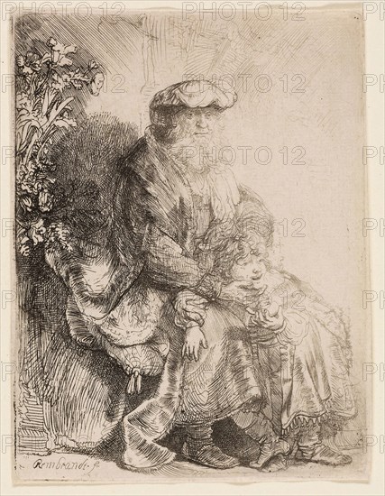 Abraham Caressing Isaac, c. 1637, Rembrandt van Rijn, Dutch, 1606-1669, Holland, Etching on white laid paper, 119 x 89 mm (image/sheet trimmed within plate mark)