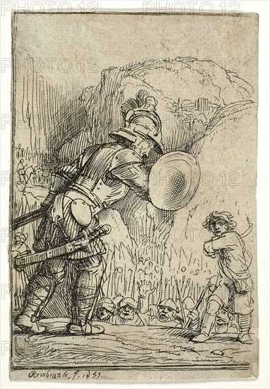 David and Goliath, 1655, Rembrandt van Rijn, Dutch, 1606-1669, Holland, Etching, engraving, and drypoint on paper, 108 x 73 mm (image), 111 x 75 mm (sheet)