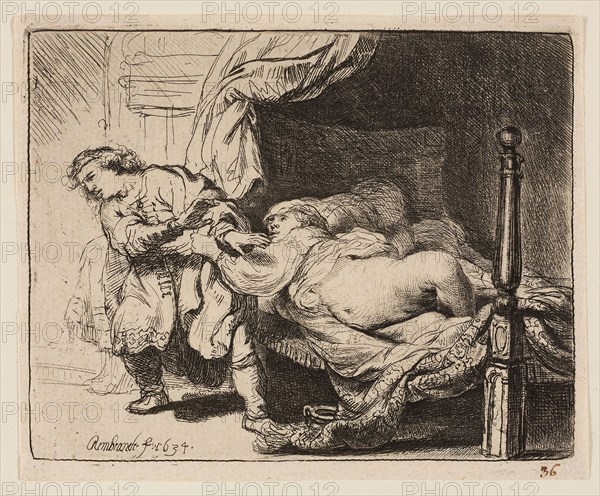 Joseph and Potiphar’s Wife, 1634, Rembrandt van Rijn, Dutch, 1606-1669, Holland, Etching on buff laid paper, 90 x 114 mm (image/plate), 98 x 120 mm (sheet)