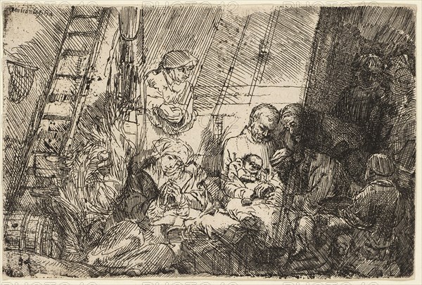 The Circumcision in the Stable, 1654, Rembrandt van Rijn, Dutch, 1606-1669, Holland, Etching on ivory laid paper, 96 x 145 mm (image/sheet, cut within platemark)