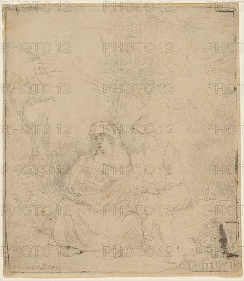 The Rest on the Flight into Egypt: Lightly Etched, 1645, Rembrandt van Rijn, Dutch, 1606-1669, Holland, Etching with drypoint on buff paper, 135 x 117 mm (image/sheet, cut within platemark)