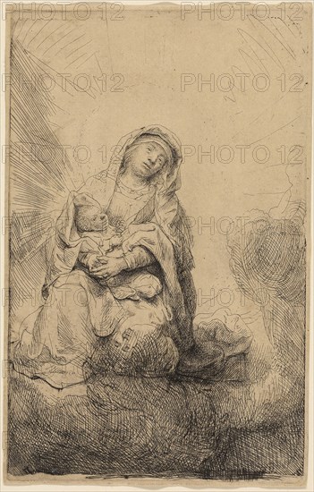 The Virgin and Child in the Clouds, 1641, Rembrandt van Rijn, Dutch, 1606-1669, Holland, Etching on cream laid paper, 166 x 105 mm (image/plate), 170 x 108 mm (sheet)