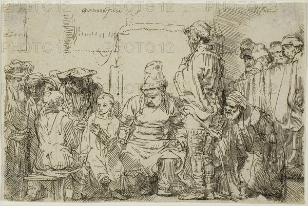 Christ Seated Disputing with the Doctors, 1654, Rembrandt van Rijn, Dutch, 1606-1669, Holland, Etching on paper, 94 x 145 mm (image), 96 x 145 mm (sheet)