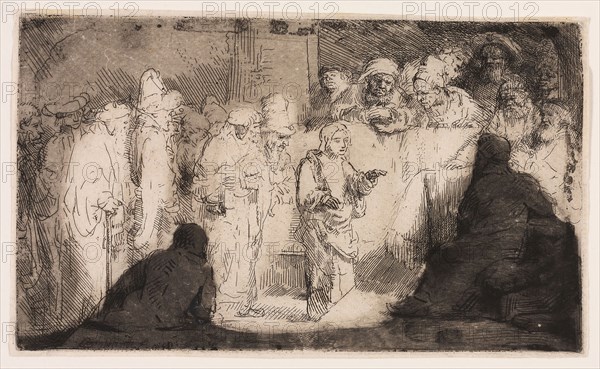 Christ Disputing with the Doctors: A Sketch, 1652, Rembrandt van Rijn, Dutch, 1606-1669, Holland, Etching and drypoint on ivory laid paper, 127 x 215 mm (image/plate), 132 x 220 mm (sheet)