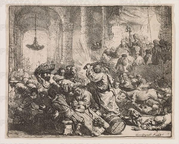 Christ Driving the Money Changers from the Temple, 1635, Rembrandt van Rijn, Dutch, 1606-1669, Holland, Etching on ivory laid paper, 136 x 168 mm (image/plate), 139 x 174 mm (sheet)