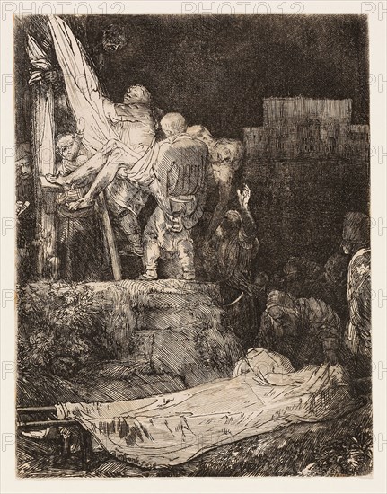 The Descent from the Cross by Torchlight, 1654, Rembrandt van Rijn, Dutch, 1606-1669, Holland, Etching and drypoint on off-white laid paper, 208 x 161 mm (image/sheet, trimmed within plate mark)