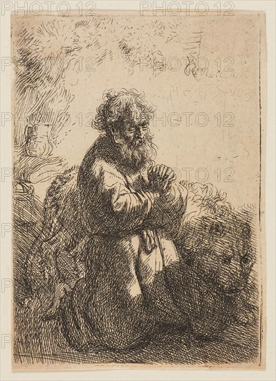 St. Jerome Kneeling in Prayer, Looking Down, 1635, Rembrandt van Rijn, Dutch, 1606-1669, Holland, Etching on paper, 115 x 82 mm (image/plate), 117 x 83 mm (sheet)