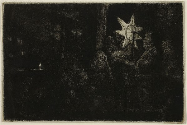 The Star of the Kings: A Night Piece, c. 1651, Rembrandt van Rijn, Dutch, 1606-1669, Holland, Etching, drypoint, and engraving on ivory laid paper, 93 x 142 mm (image/plate), 95 x 144 mm (sheet)