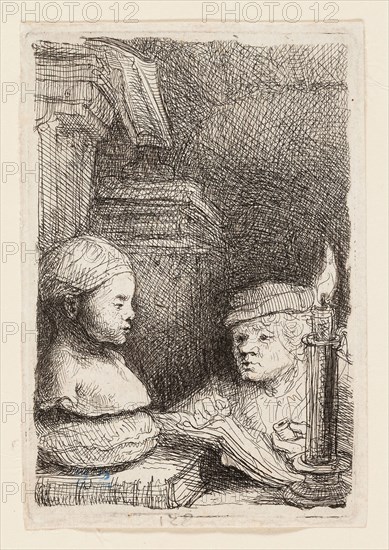 Man Drawing from a Cast, c. 1641, Rembrandt van Rijn, Dutch, 1606-1669, Holland, Etching on ivory laid paper, 95 x 64 mm (plate/image), 98 x 68 mm (sheet)