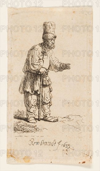 Peasant in a High Cap, Standing Leaning on a Stick, 1639, Rembrandt van Rijn, Dutch, 1606-1669, Holland, Etching on paper, 84 x 44 mm (plate), 88 x 49 mm (sheet)