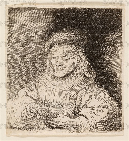 The Card Player, 1641, Rembrandt van Rijn, Dutch, 1606-1669, Holland, Etching on paper, 87 x 80 mm (image/plate), 91 x 83 mm (sheet)