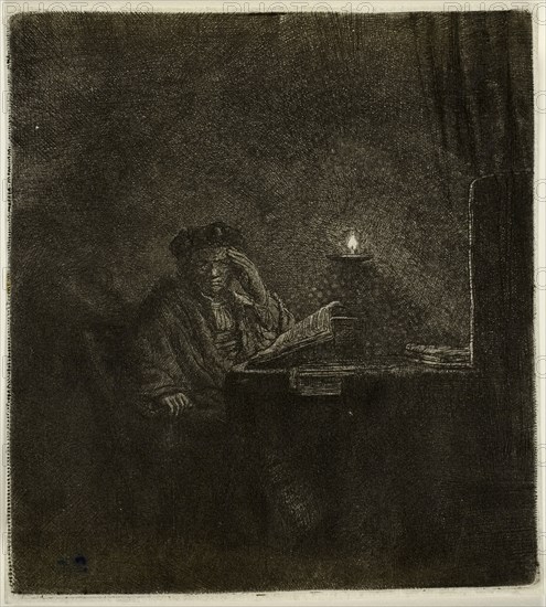 Student at a Table by Candlelight, c. 1642, Rembrandt van Rijn, Dutch, 1606-1669, Holland, Etching on paper, 145 x 133 mm (image), 146 x 133 mm (plate), 149 x 135 mm (sheet)