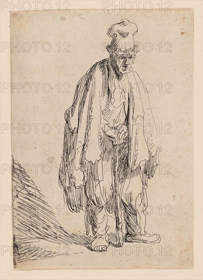 Beggar in a High Cap, Standing and Leaning on a Stick, c. 1629, Rembrandt van Rijn, Dutch, 1606-1669, Holland, Etching on ivory laid paper, 153 x 108 mm (sheet, trimmed within plate mark)