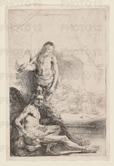 Male Nude Seated and Standing, c. 1646, Rembrandt van Rijn, Dutch, 1606-1669, Holland, Etching on ivory laid paper, 196 x 129 mm (plate), 205 x 139 mm (sheet)