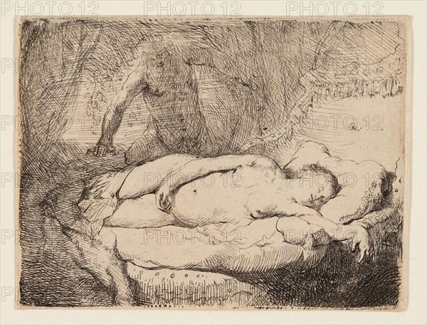 Jupiter and Antiope: Smaller Plate, c. 1631, Rembrandt van Rijn, Dutch, 1606-1669, Holland, Etching on buff laid paper, 84 x 114 mm (sheet, trimmed to plate mark)