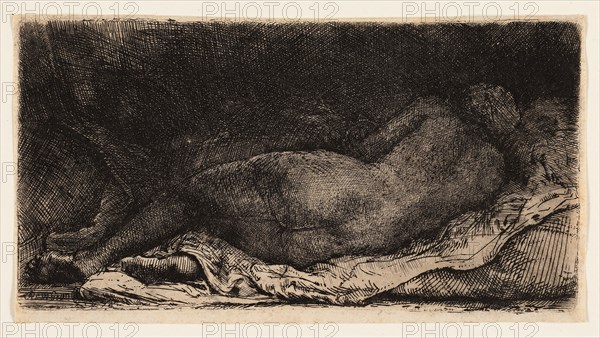 Reclining Female Nude, 1658, Rembrandt van Rijn, Dutch, 1606-1669, Holland, Etching on cream paper, 80 x 157 mm (image/plate), 87 x 161 mm (sheet)