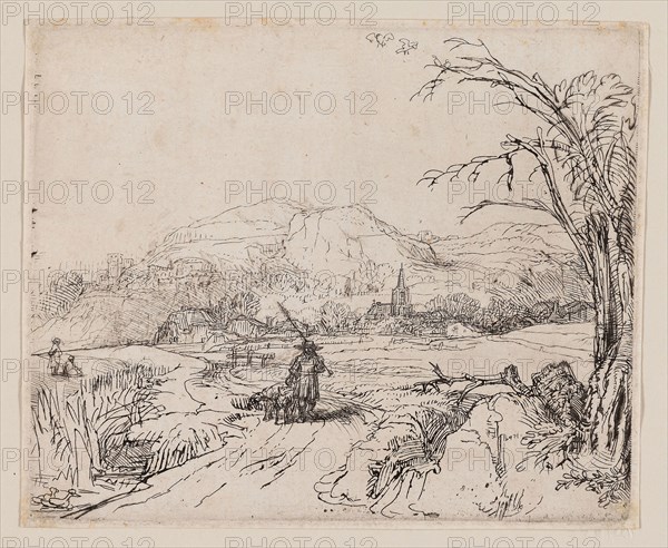 Landscape with Sportsman and Dogs, c. 1648, Rembrandt van Rijn, Dutch, 1606-1669, Holland, Etching in black on cream laid paper, 128 x 156 mm (image/plate), 132 x 161 mm (sheet)