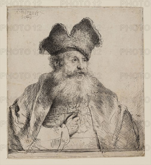Old Man with a Divided Fur Cap, 1640, Rembrandt van Rijn, Dutch, 1606-1669, Holland, Etching and drypoint on ivory laid paper, 153 x 140 mm (image/sheet, trimmed within plate mark)