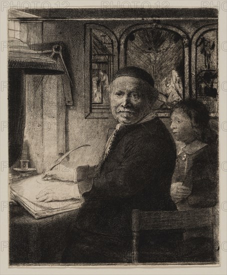 Lieven Willemsz van Coppenol, Writing Master: The Smaller Plate, c. 1658, Rembrandt van Rijn, Dutch, 1606-1669, Holland, Etching, drypoint, and burin in black on buff laid paper, 233 x 191 mm (image/plate), 235 x 193 mm (sheet)