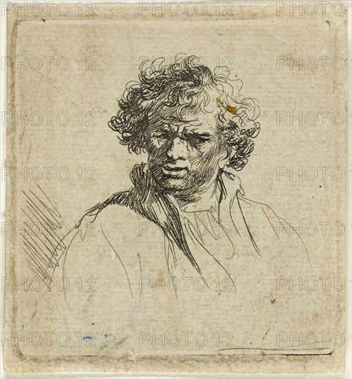 Curly Headed Man with a Wry Mouth, 1630/80, Possibly Ferdinand Bol (Dutch, 1616-1680), In the manner of Rembrandt van Rijn (Dutch, 1606-1669), Holland, Etching on paper, 65x62 mm (image/plate), 71x66 mm (sheet)