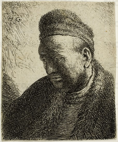 Beardless Man in a Fur Cloak and Cap: Bust, 1631, Rembrandt van Rijn, Dutch, 1606-1669, Holland, Etching on paper, 70 x 58 mm (sheet, trimmed within plate mark)