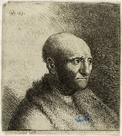 Bald Man in a Fur Cloak: Bust, 1631, Rembrandt van Rijn (Dutch, 1606-1669), possibly reworked by a pupil (Van Vliet?), Netherlands, Etching on paper, 63 x 58 mm (image), 66 x 58 mm (sheet)