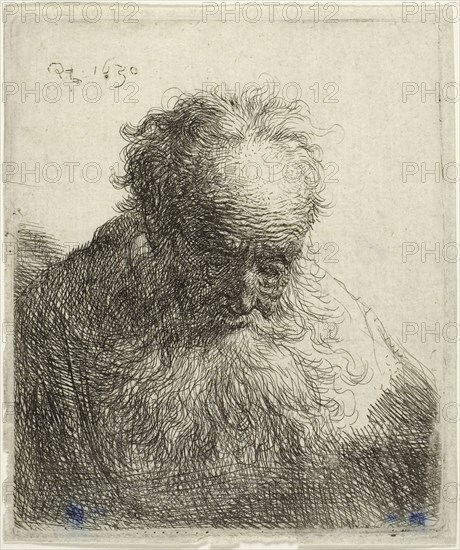 Bust of an Old Man with a Flowing Beard: The Head Bowed Forward: Left Shoulder Unshaded, 1630, Rembrandt van Rijn, Dutch, 1606-1669, Holland, Etching on paper, 80 x 76 mm (image), 92 x 77 mm (plate), 95 x 80 mm (sheet)