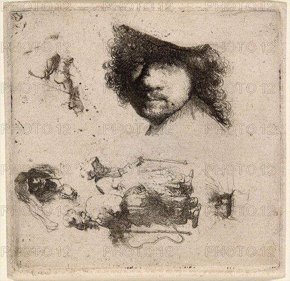 Sheet of Studies: Head of the Artist, a Beggar Couple, Heads of an Old Man and Old Woman, etc., 1632, Rembrandt van Rijn, Dutch, 1606-1669, Holland, Etching in black on buff laid paper, 99 x 102 mm (image/plate), 105 x 107 mm (sheet)