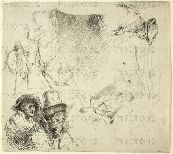 Sheet of Studies, with a Woman Lying Ill in Bed, c. 1639, Rembrandt van Rijn, Dutch, 1606-1669, Holland, Etching on white laid paper, 139 x 152 mm (sheet, trimmed to platemark)
