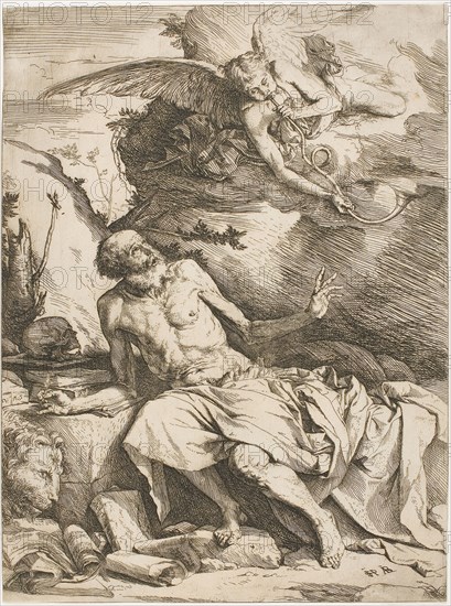 Saint Jerome Listening to the Trumpet of the Last Judgment, 1622–25, Jusepe de Ribera, Spanish, 1588-1652, Spain, Etching on paper, 310 x 231 mm