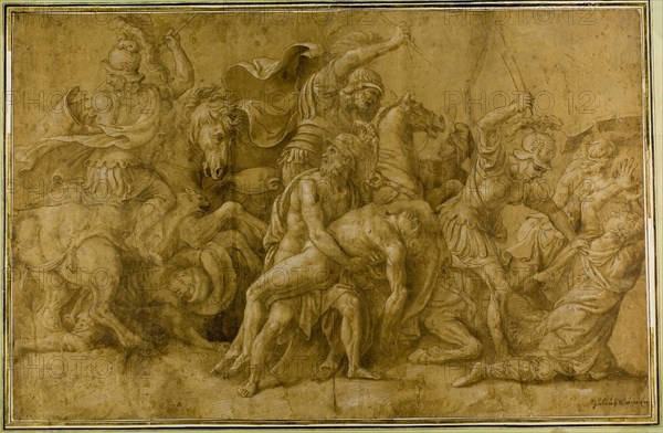 Menelaus Holding the Body of Patroclus, n.d., after Giulio Pippi, called Giulio Romano, Italian, c. 1499-1546, Italy, Pen and brown ink with brush and brown wash, heightened with white gouache, on tan laid paper, laid down on card, 358 x 555 mm (max.)