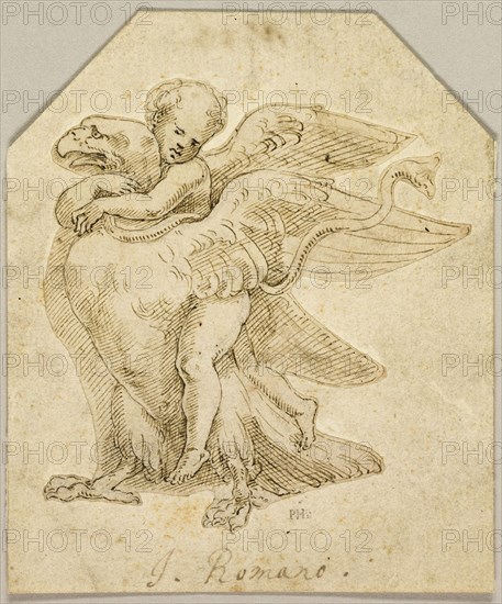 Cupid Astride an Eagle, n.d., Giulio Pippi, called Giulio Romano, after, Italian, c. 1499-1546, Italy, Pen and brown ink with brush and brown wash, over traces of black chalk on buff laid paper, laid down on cream laid paper, 124 x 104 mm (max.)