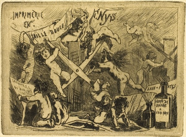 The Press, 1878, Félicien Rops, Belgian, 1833-1898, Belgium, Etching and drypoint on tan wove paper, 87 × 119 mm (image/plate), 327 × 254 mm (sheet)