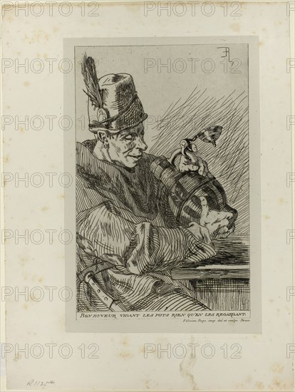 The Drinker, 1867, Félicien Rops, Belgian, 1833-1898, Belgium, Etching on gray chine, laid down on ivory wove paper (chine collé), 210 × 134 mm (image), 241 × 160 mm (plate), 228 × 151 mm (primary support), 297 × 221 mm (secondary support)