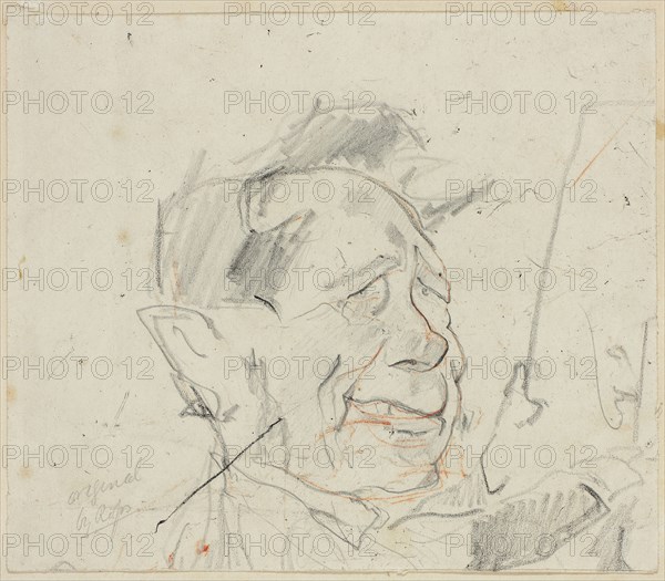 Sketch of Ferdinand Marinus, c. 1857, Félicien Rops, Belgian, 1833-1898, Belgium, Graphite, with red Conté crayon and black crayon, on grayish-ivory wove paper, tipped on cream laid paper, 139 × 161 mm